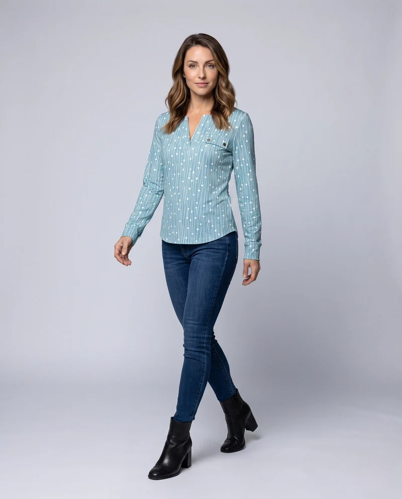 Damen Slim-Fit Hemdbluse mit Stehkragen, V-Schlitz und vertikalen gepunkteten Streifen Dürran