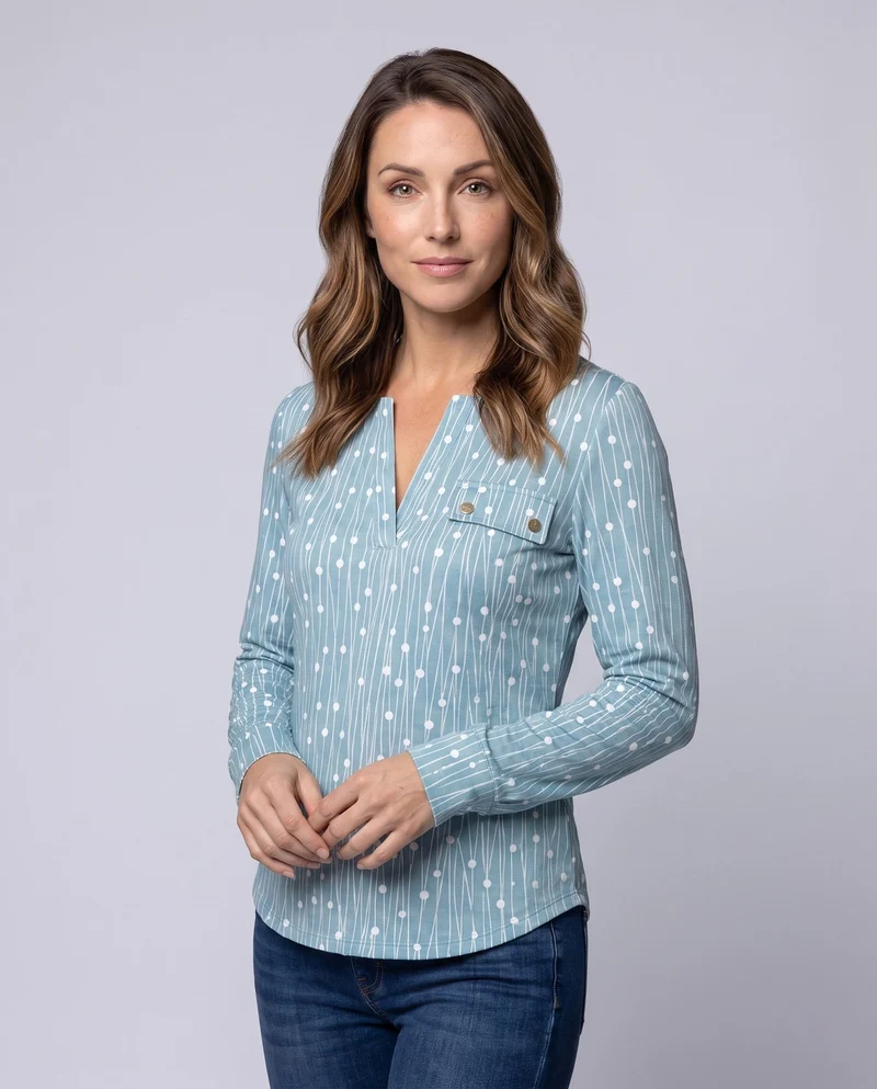 Damen Slim-Fit Hemdbluse mit Stehkragen, V-Schlitz und vertikalen gepunkteten Streifen Dürran