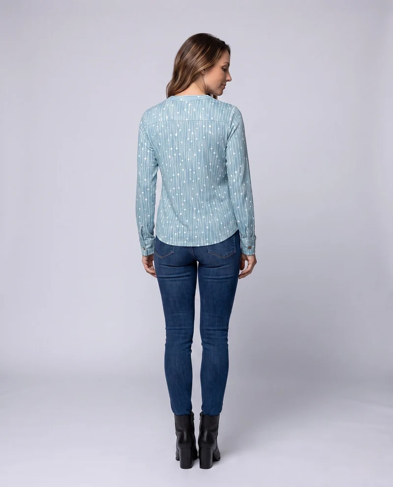 Damen Slim-Fit Hemdbluse mit Stehkragen, V-Schlitz und vertikalen gepunkteten Streifen Dürran