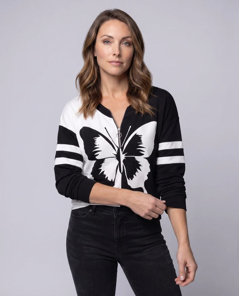 Damen Sportives Oversize Sweatshirt mit Halbreißverschluss und großem Schmetterlingsdruck Nord Taschen