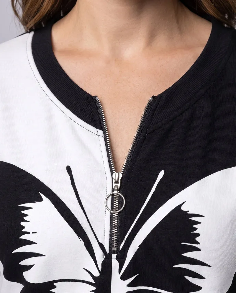 Damen Sportives Oversize Sweatshirt mit Halbreißverschluss und großem Schmetterlingsdruck Nord Taschen