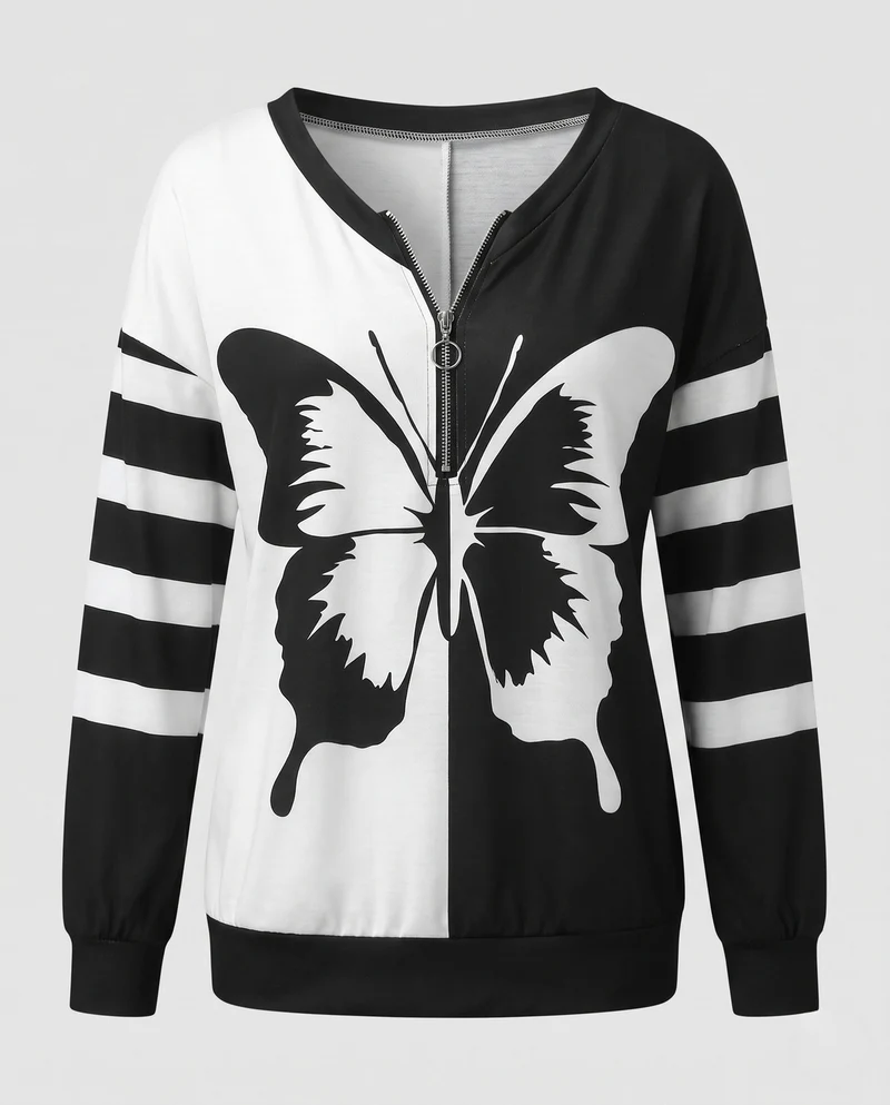 Damen Sportives Oversize Sweatshirt mit Halbreißverschluss und großem Schmetterlingsdruck Nord Taschen
