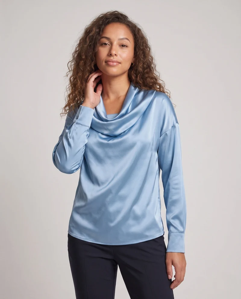 Damen Satin-Tunika mit drapiertem Wasserfallkragen und oversized Schnitt Nord Taschen