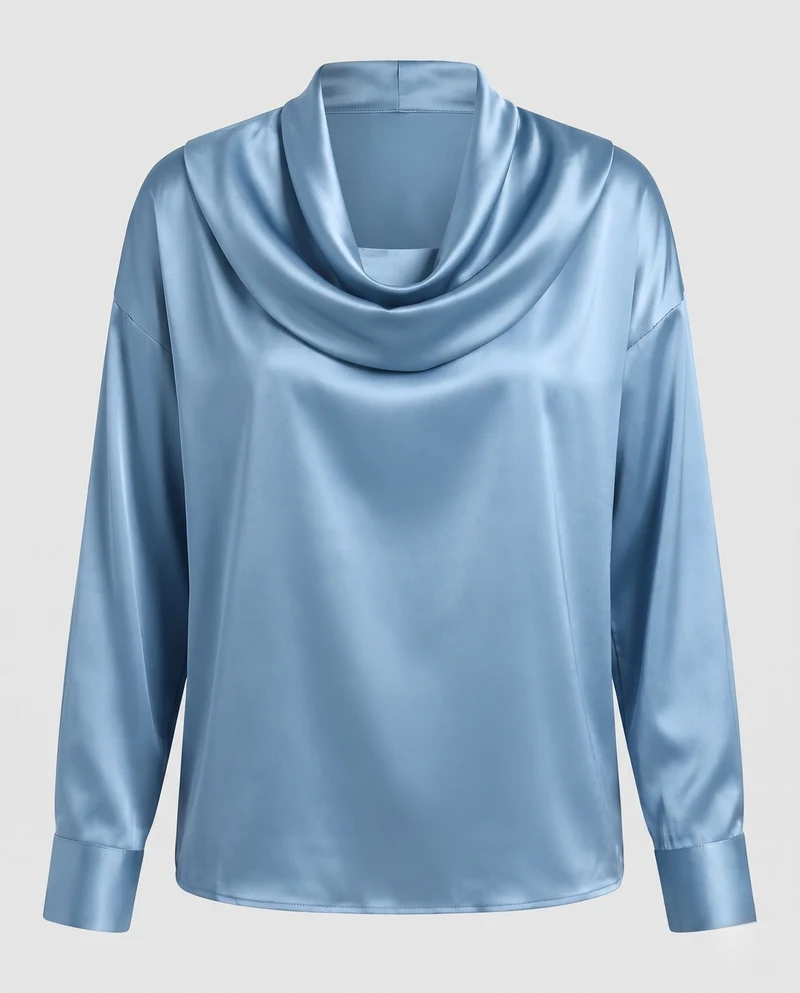 Damen Satin-Tunika mit drapiertem Wasserfallkragen und oversized Schnitt Nord Taschen