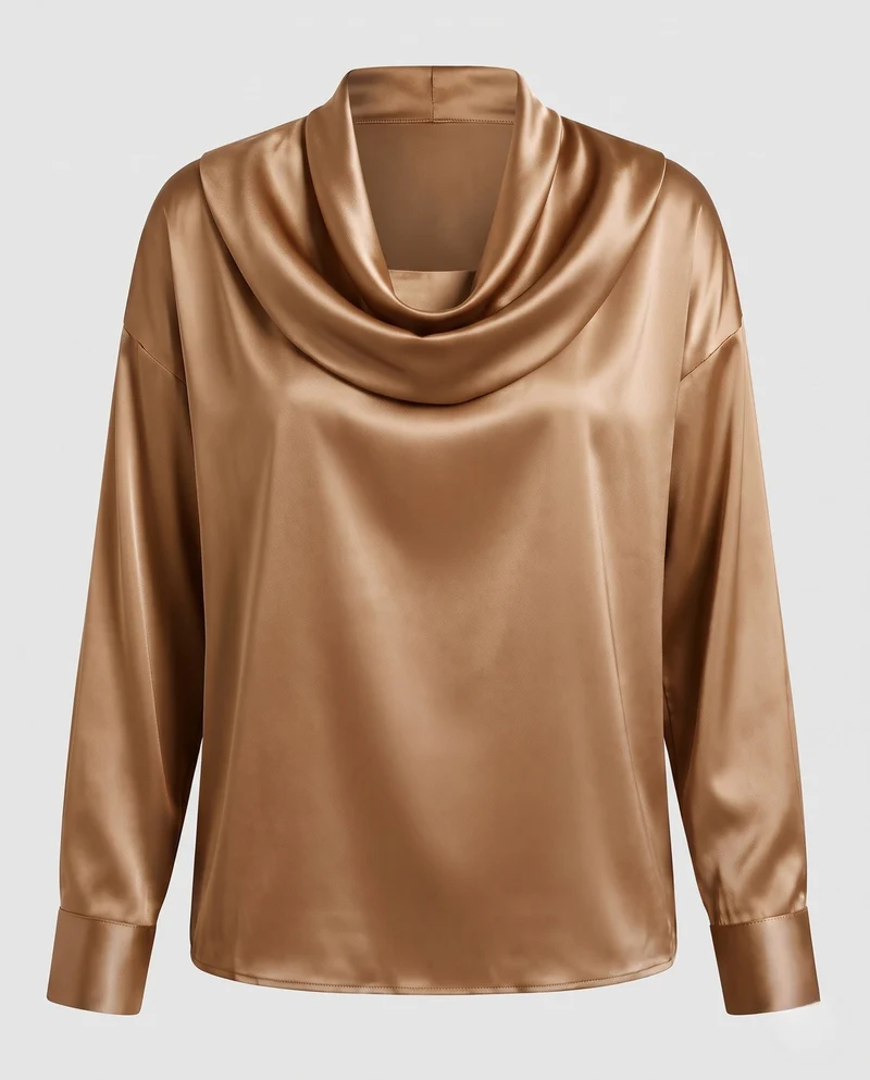 Damen Satin-Tunika mit drapiertem Wasserfallkragen und oversized Schnitt Nord Taschen