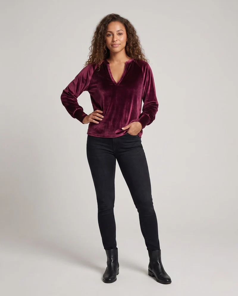 Damen Samtpullover mit tiefem V-Ausschnitt und lässigem Oversize-Fit Nord Taschen