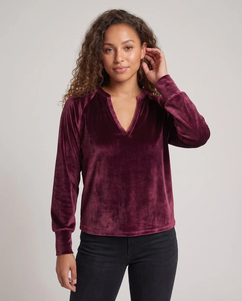 Damen Samtpullover mit tiefem V-Ausschnitt und lässigem Oversize-Fit Nord Taschen