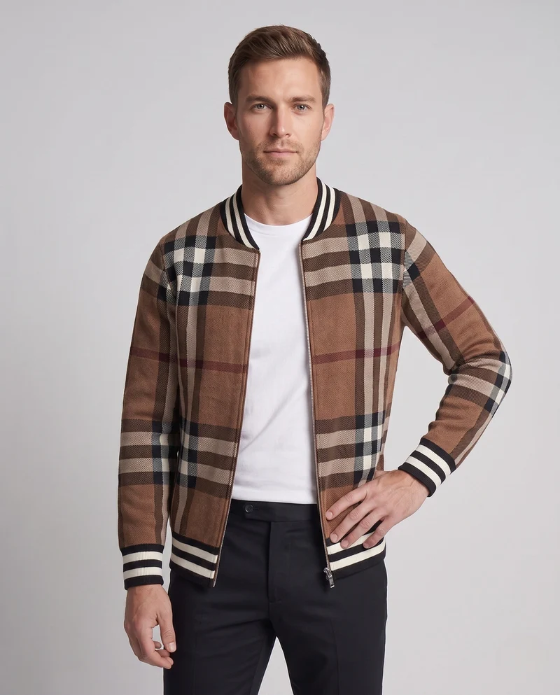 Herren Freizeit Zip-Up Strickjacke mit Karomuster Nord Taschen