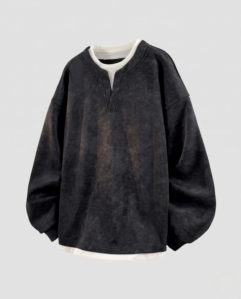 Unisex Oversize-Sweatshirt mit V-Einsatz, Lagenoptik und Vintage-Washed Finish