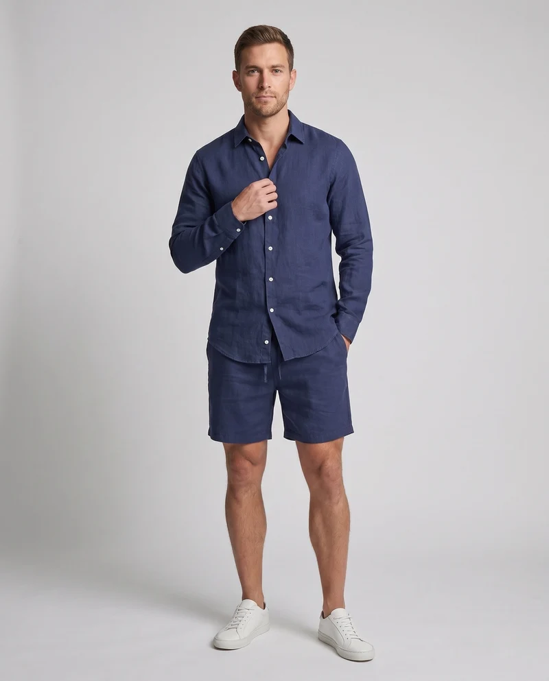 Herren Zwei-Teil Leinen-Mischung Freizeitanzug mit Übergröße Hemd und Relaxed Shorts Nord Taschen