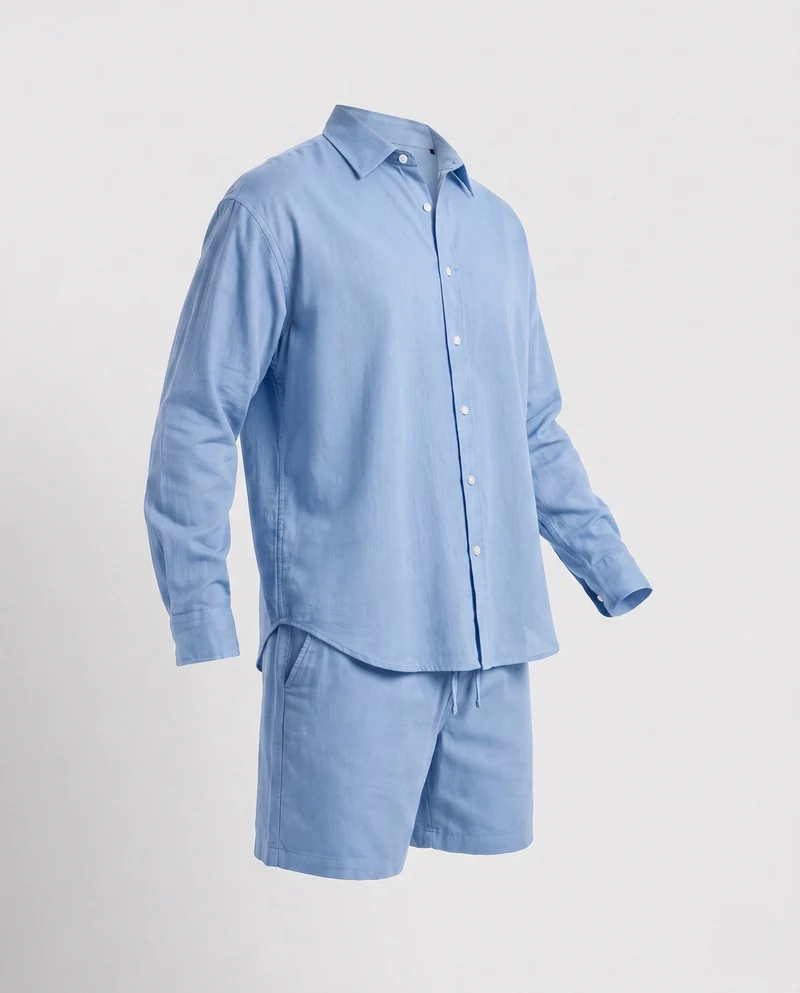Herren Zwei-Teil Leinen-Mischung Freizeitanzug mit Übergröße Hemd und Relaxed Shorts Nord Taschen