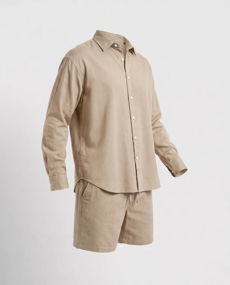 Herren Zwei-Teil Leinen-Mischung Freizeitanzug mit Übergröße Hemd und Relaxed Shorts Nord Taschen