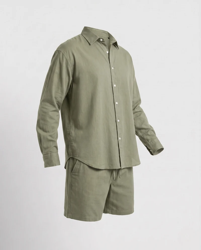Herren Zwei-Teil Leinen-Mischung Freizeitanzug mit Übergröße Hemd und Relaxed Shorts Nord Taschen