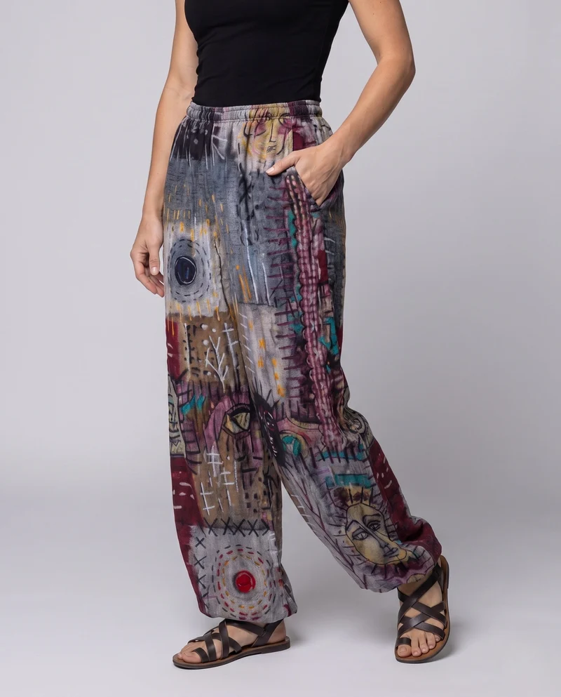 Damen Palazzo-Hosen im Patchwork-Design mit weitem Bein, elastischem Bund und Eingrifftaschen Nord Taschen