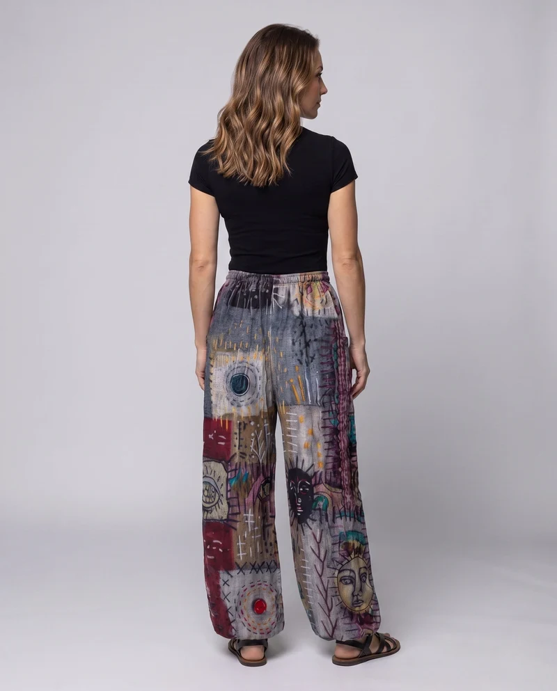 Damen Palazzo-Hosen im Patchwork-Design mit weitem Bein, elastischem Bund und Eingrifftaschen Nord Taschen