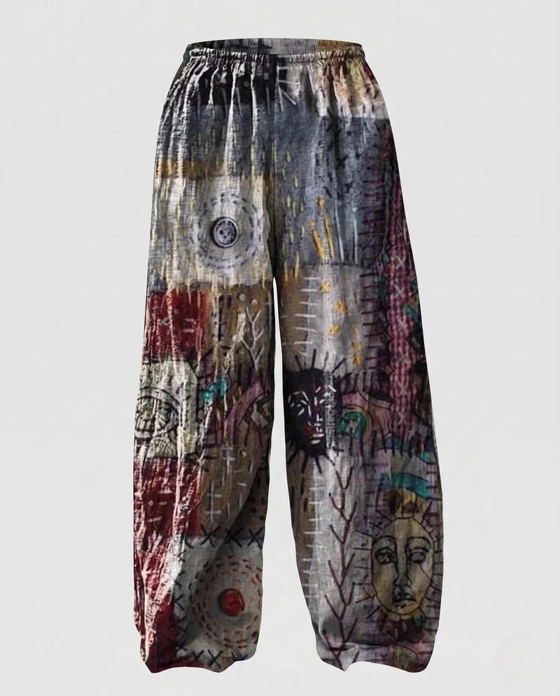 Damen Palazzo-Hosen im Patchwork-Design mit weitem Bein, elastischem Bund und Eingrifftaschen Nord Taschen
