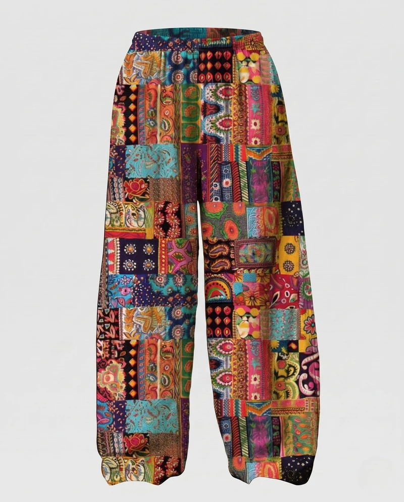 Damen Palazzo-Hosen im Patchwork-Design mit weitem Bein, elastischem Bund und Eingrifftaschen Nord Taschen