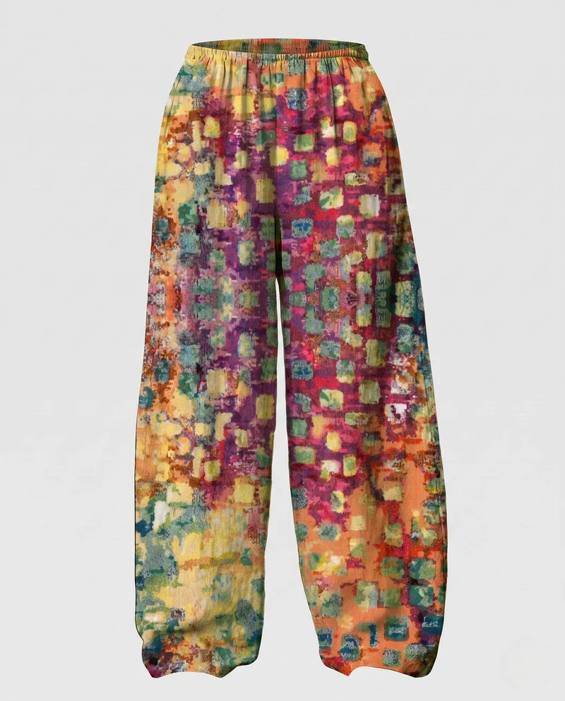 Damen Palazzo-Hosen im Patchwork-Design mit weitem Bein, elastischem Bund und Eingrifftaschen Nord Taschen
