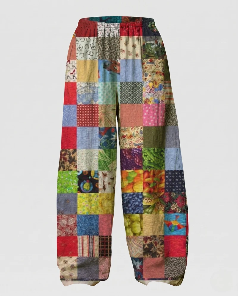 Damen Palazzo-Hosen im Patchwork-Design mit weitem Bein, elastischem Bund und Eingrifftaschen Nord Taschen