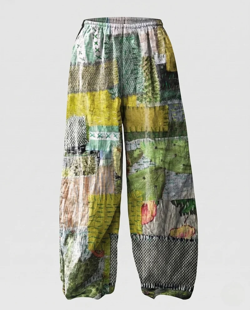 Damen Palazzo-Hosen im Patchwork-Design mit weitem Bein, elastischem Bund und Eingrifftaschen Nord Taschen