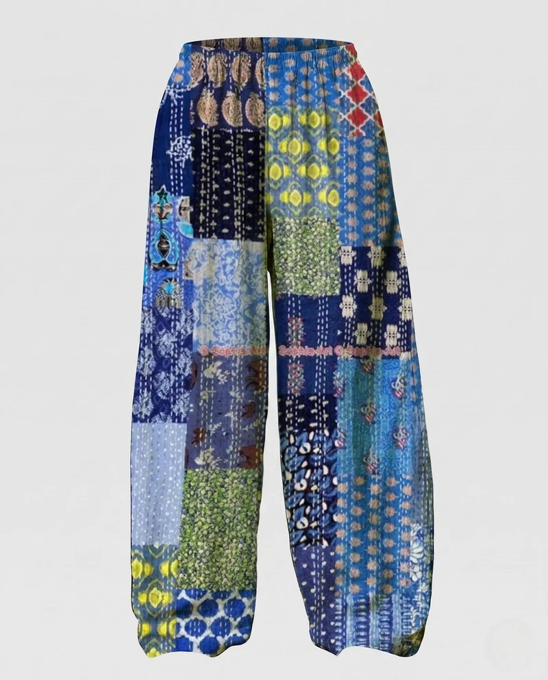 Damen Palazzo-Hosen im Patchwork-Design mit weitem Bein, elastischem Bund und Eingrifftaschen Nord Taschen