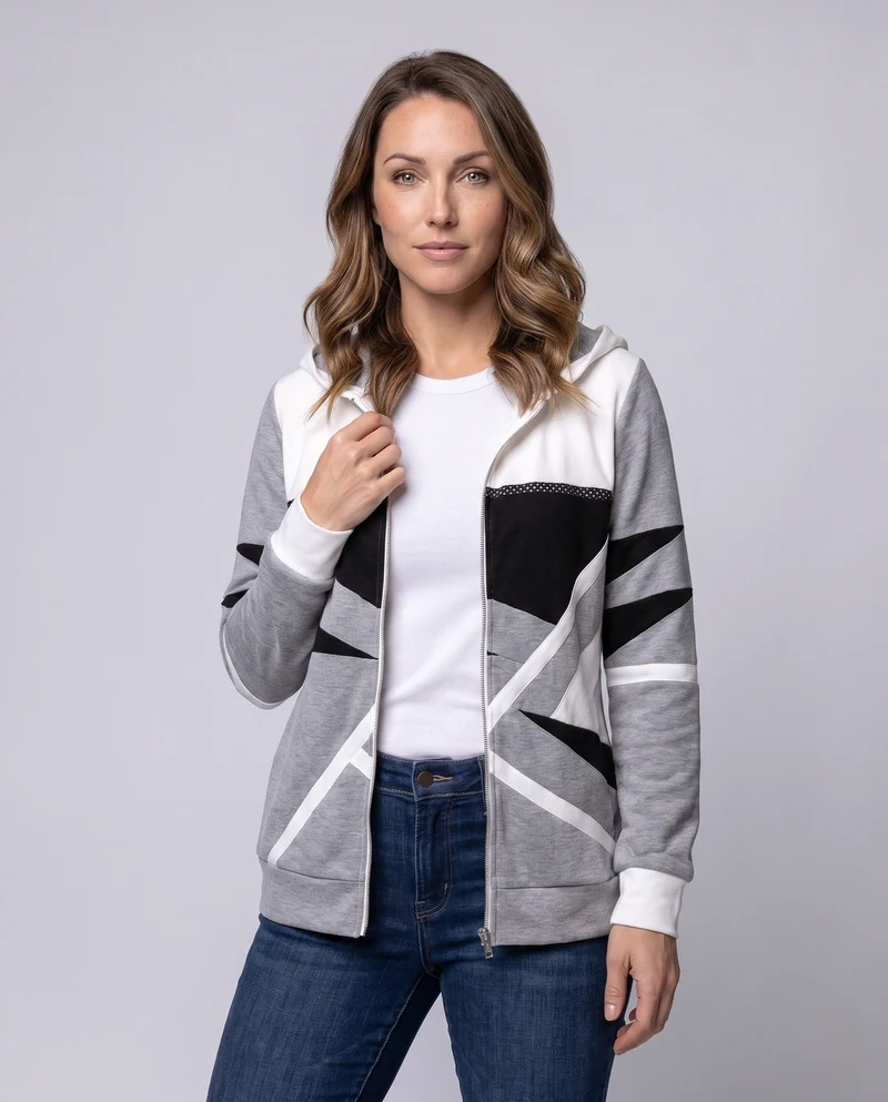 Damen Zip-Hoodie aus weichem Sweatstoff mit geometrischem Blockmuster und Fronttaschen Nord Taschen