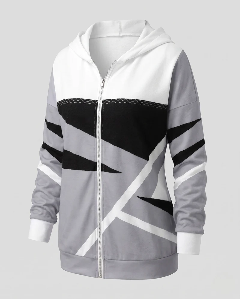 Damen Zip-Hoodie aus weichem Sweatstoff mit geometrischem Blockmuster und Fronttaschen Nord Taschen
