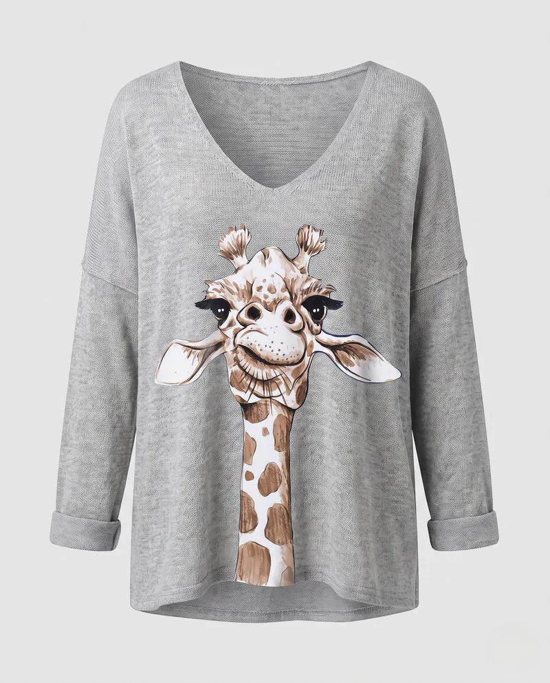Damen Oversize V-Ausschnitt Pullover mit großem Giraffenmotiv Nord Taschen
