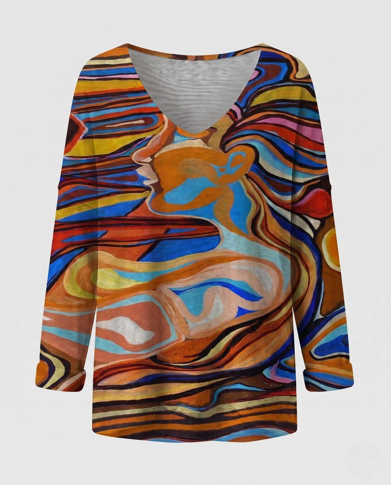 Damen Oversize V-Ausschnitt Pullover mit großem Giraffenmotiv Nord Taschen