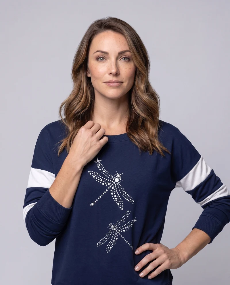 Damen Oversized Sweatshirt mit Strass-Libellen, Rundhalsausschnitt und Kontrastärmeln Nord Taschen