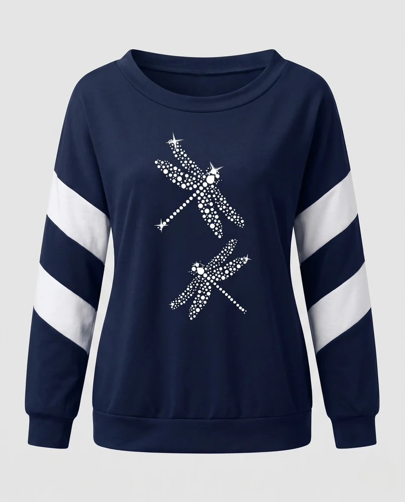 Damen Oversized Sweatshirt mit Strass-Libellen, Rundhalsausschnitt und Kontrastärmeln Nord Taschen