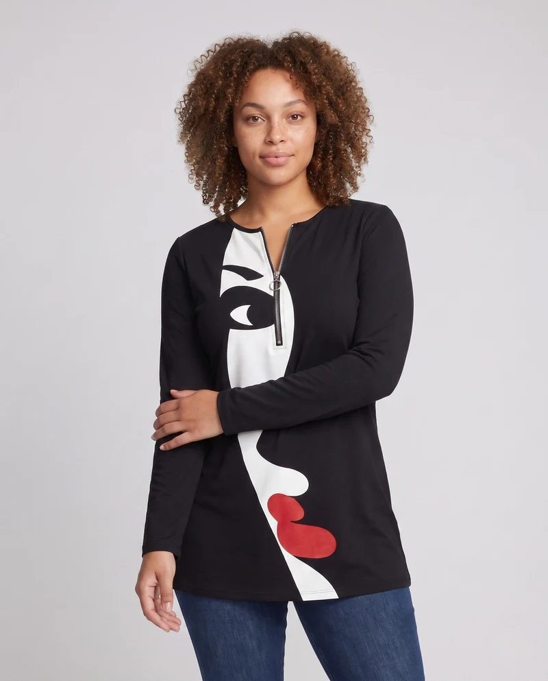 Damen Oversize Tunika mit abstraktem Gesichtsd design und Ringreißverschluss Nord Taschen