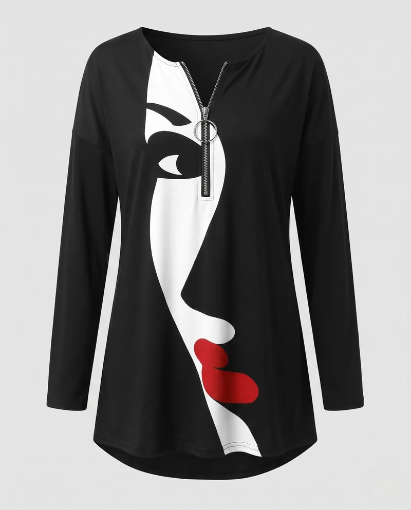 Damen Oversize Tunika mit abstraktem Gesichtsd design und Ringreißverschluss Nord Taschen