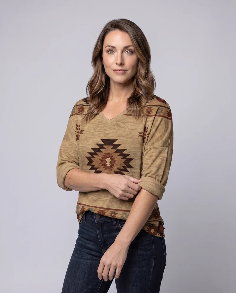 Damen Oversize Tunika-Bluse im Ethno-Azteken-Muster mit V-Ausschnitt Kleid