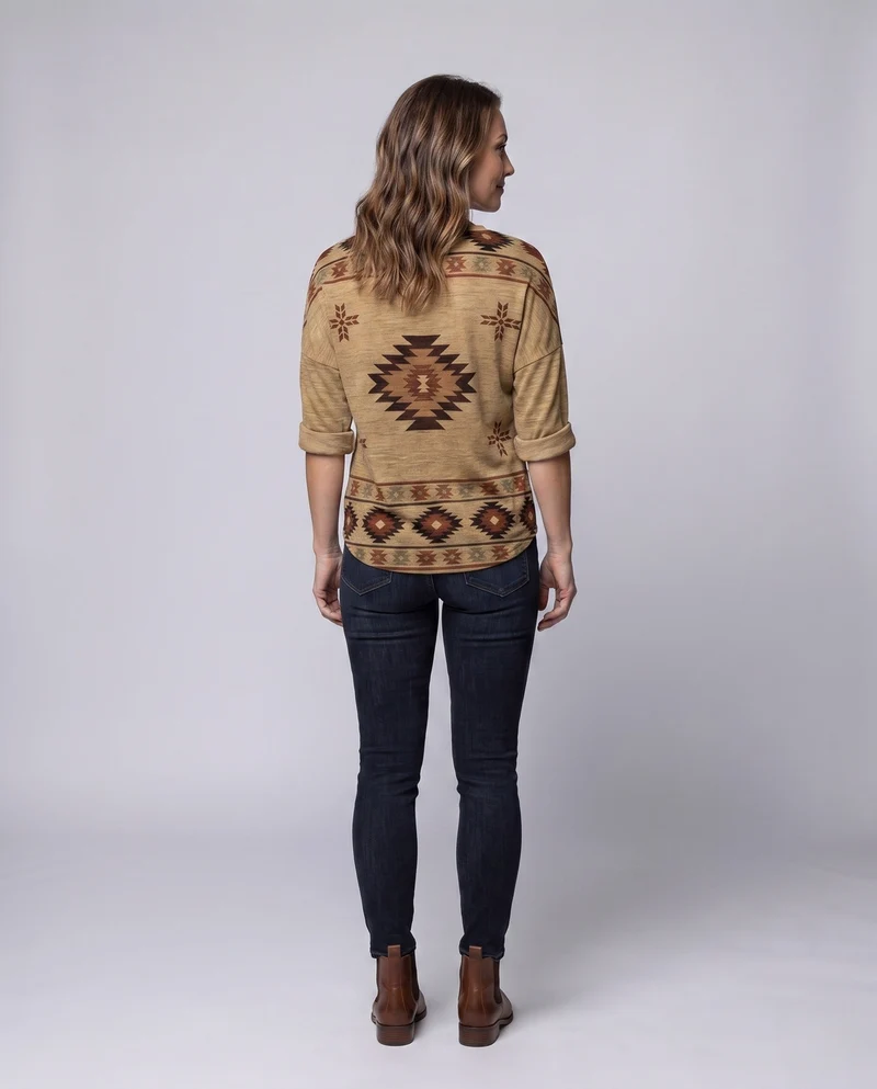 Damen Oversize Tunika-Bluse im Ethno-Azteken-Muster mit V-Ausschnitt Kleid
