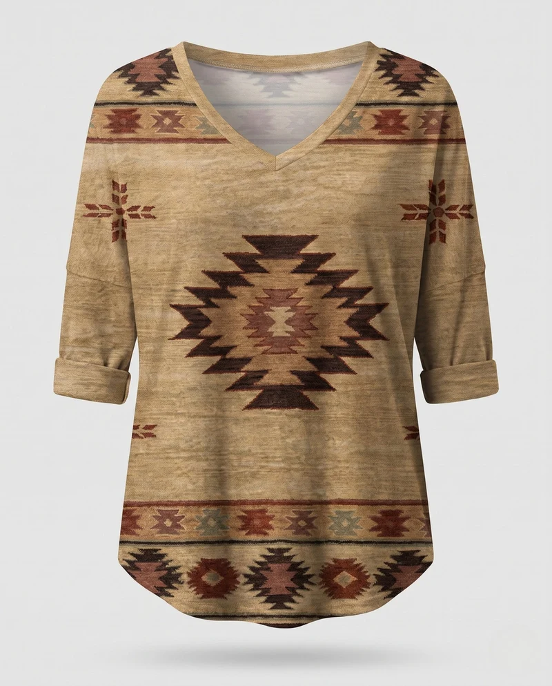 Damen Oversize Tunika-Bluse im Ethno-Azteken-Muster mit V-Ausschnitt Kleid
