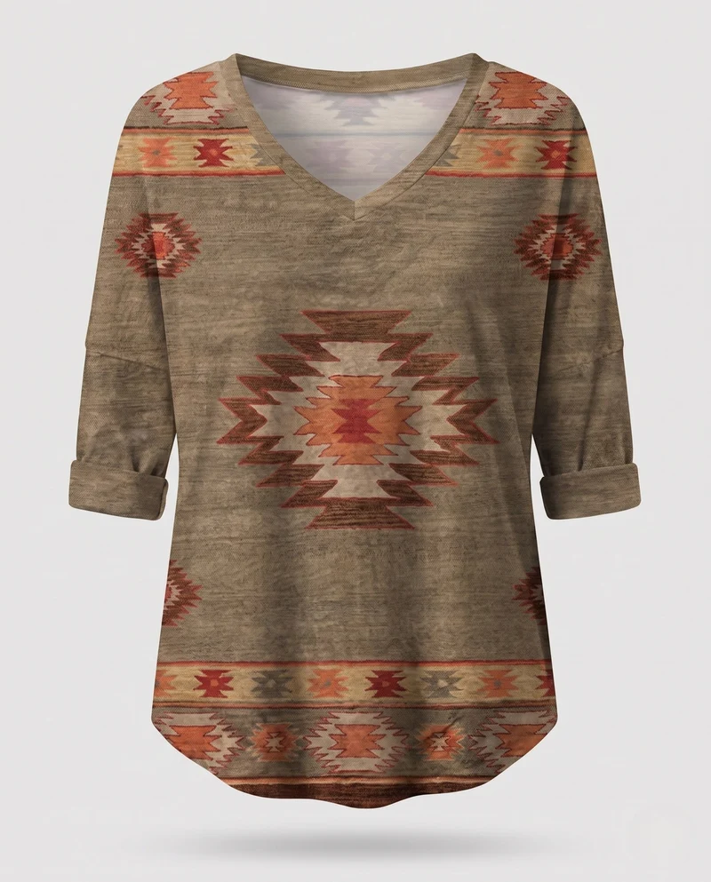 Damen Oversize Tunika-Bluse im Ethno-Azteken-Muster mit V-Ausschnitt Kleid
