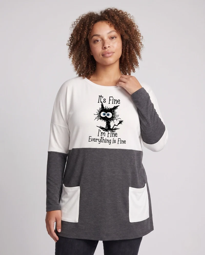 Damen Oversized-Tunika Kleid mit wärmendem Stricklook, Farbblock und Comic-Print Nord Taschen