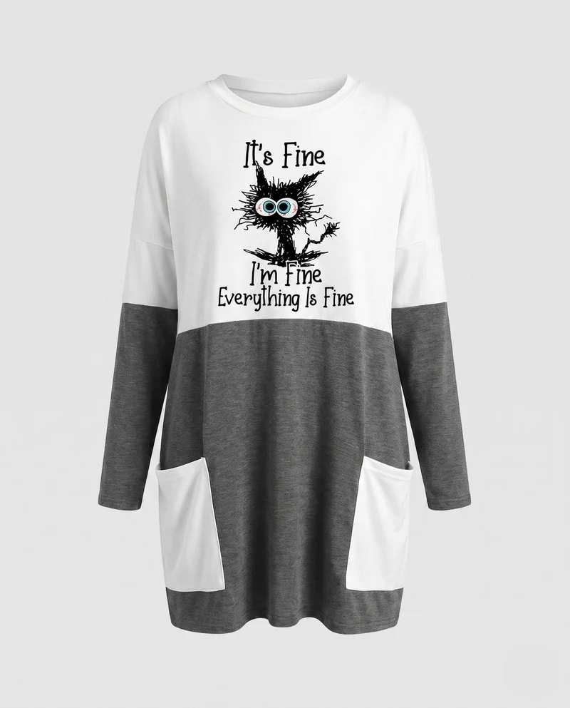 Damen Oversized-Tunika Kleid mit wärmendem Stricklook, Farbblock und Comic-Print Nord Taschen