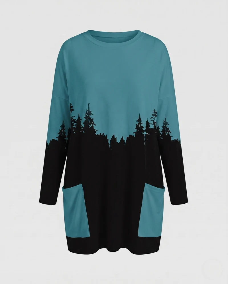Damen Oversized-Tunika Kleid mit wärmendem Stricklook, Farbblock und Comic-Print Nord Taschen