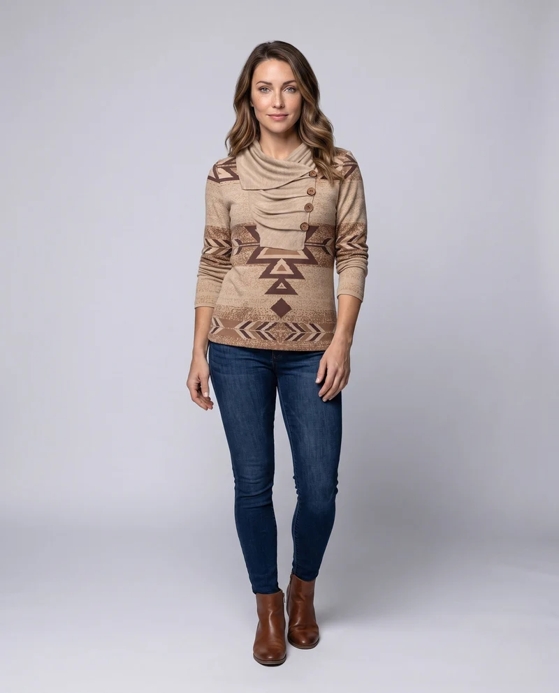 Damen Oversized-Strickpullover mit ethnischer Geometrie, asymmetrischem Kragen und dekorativer Knopfleiste Nord Taschen