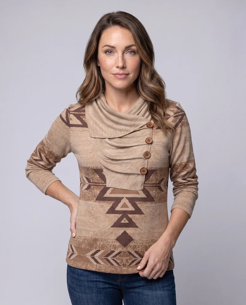 Damen Oversized-Strickpullover mit ethnischer Geometrie, asymmetrischem Kragen und dekorativer Knopfleiste Nord Taschen