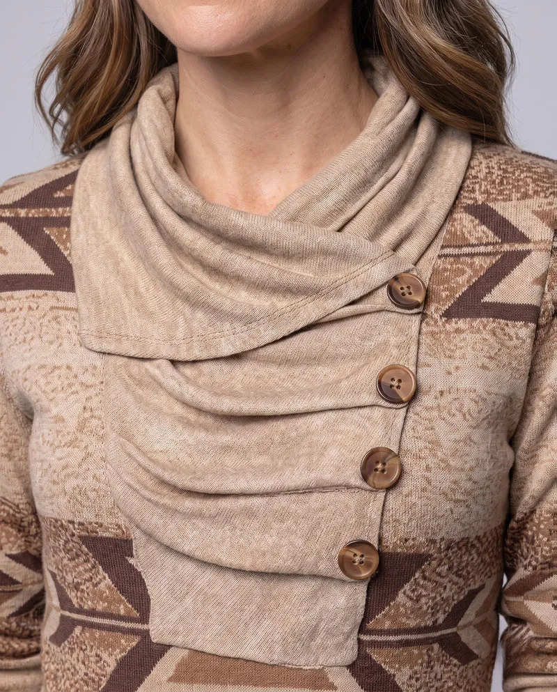 Damen Oversized-Strickpullover mit ethnischer Geometrie, asymmetrischem Kragen und dekorativer Knopfleiste Nord Taschen