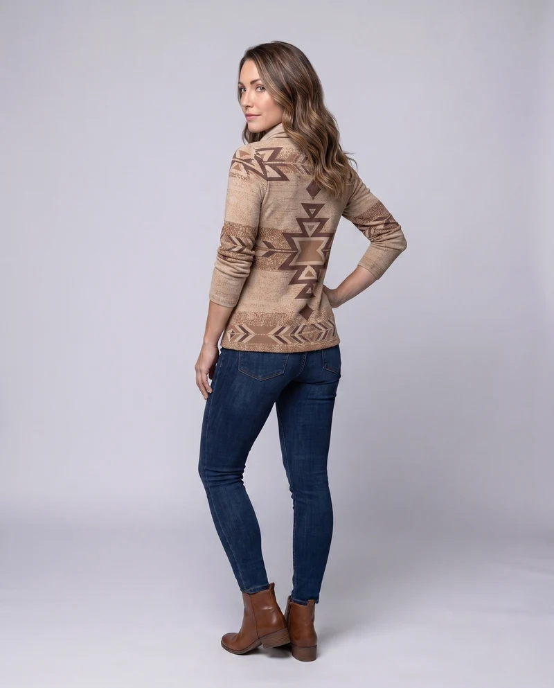 Damen Oversized-Strickpullover mit ethnischer Geometrie, asymmetrischem Kragen und dekorativer Knopfleiste Nord Taschen