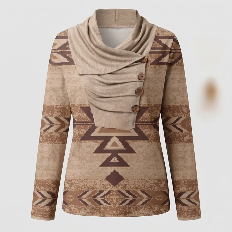 Damen Oversized-Strickpullover mit ethnischer Geometrie, asymmetrischem Kragen und dekorativer Knopfleiste Nord Taschen