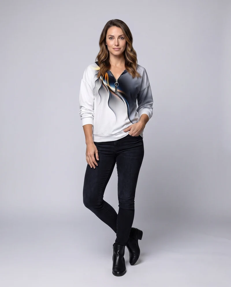 Damen Oversized Sweatshirt mit V-Ausschnitt, Reißverschluss und abstraktem 3D-Druck Nord Taschen