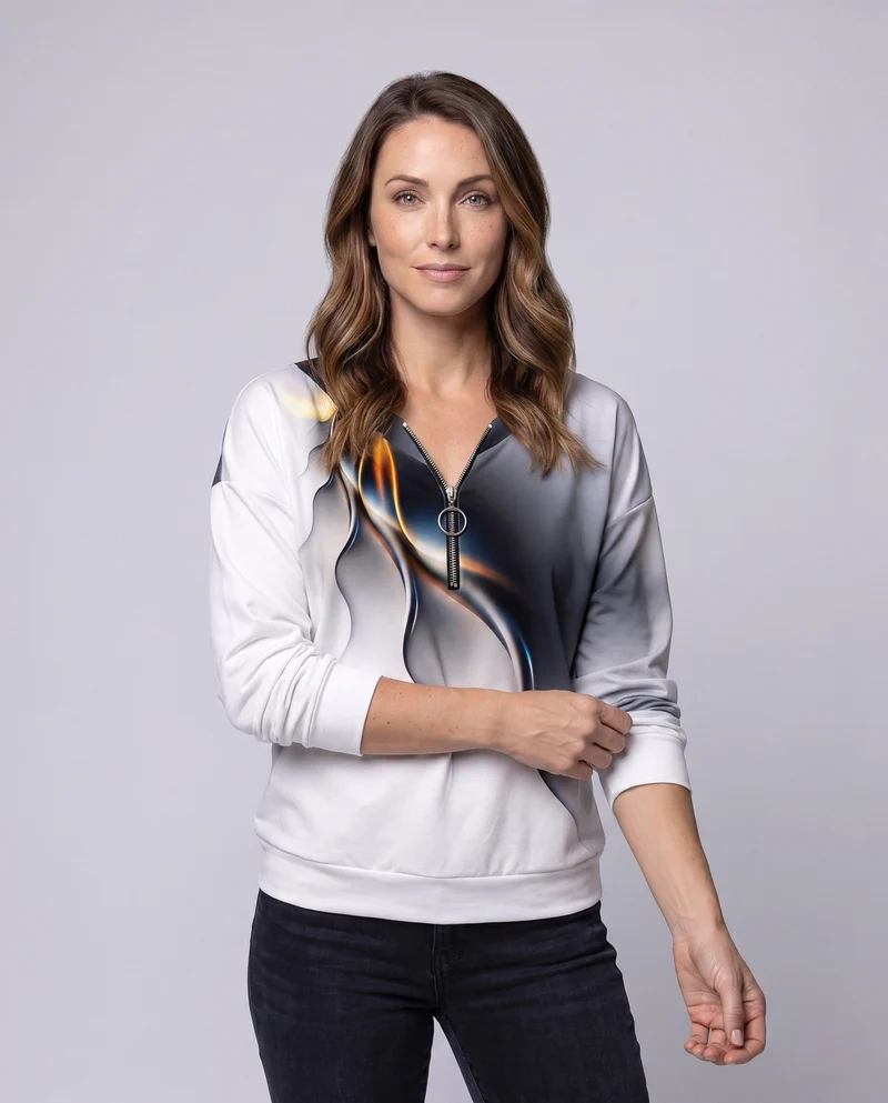 Damen Oversized Sweatshirt mit V-Ausschnitt, Reißverschluss und abstraktem 3D-Druck Nord Taschen