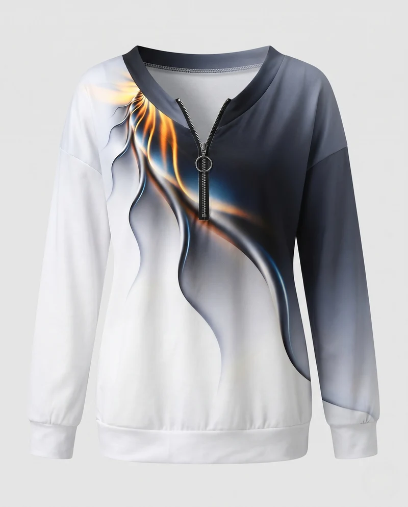 Damen Oversized Sweatshirt mit V-Ausschnitt, Reißverschluss und abstraktem 3D-Druck Nord Taschen
