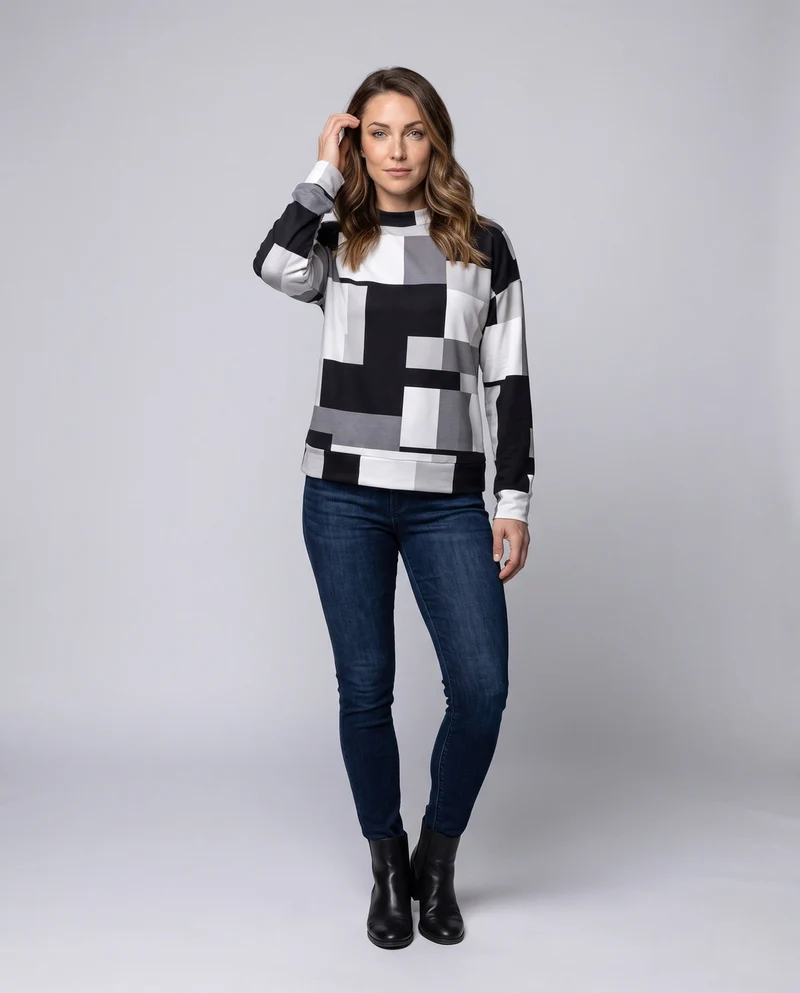 Damen Oversize Langarmbluse mit geometrischem Patchwork-Muster Nord Taschen
