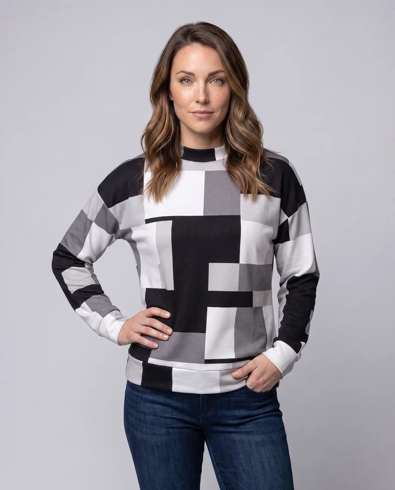 Damen Oversize Langarmbluse mit geometrischem Patchwork-Muster Nord Taschen